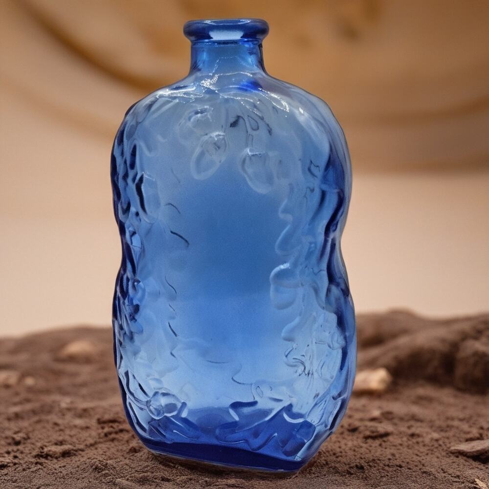 Vintage Cobalt Blue Glass Bottle with Acorn and Oak Leaves Design-Made in Canada